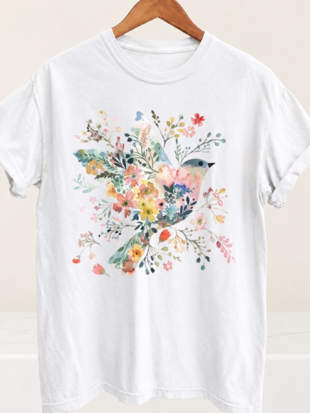 White Floral Watercolor Bird Print Tee